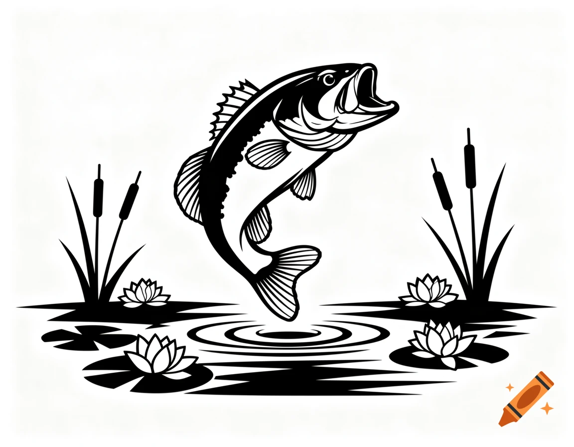 Black and white illustration of a bass fish jumping out of water with lily pads and cattails.