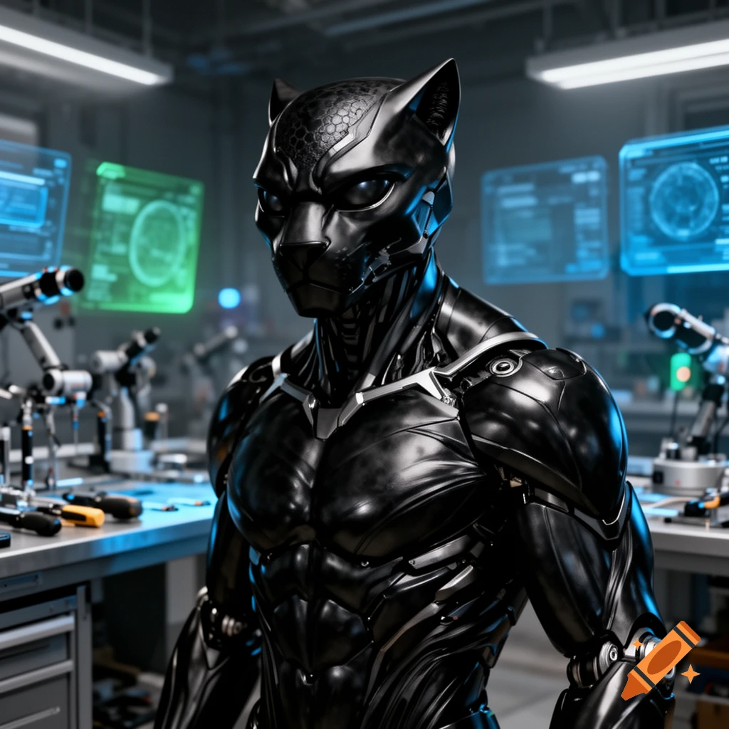 A black panther motif robotic suit stands in a futuristic laboratory.