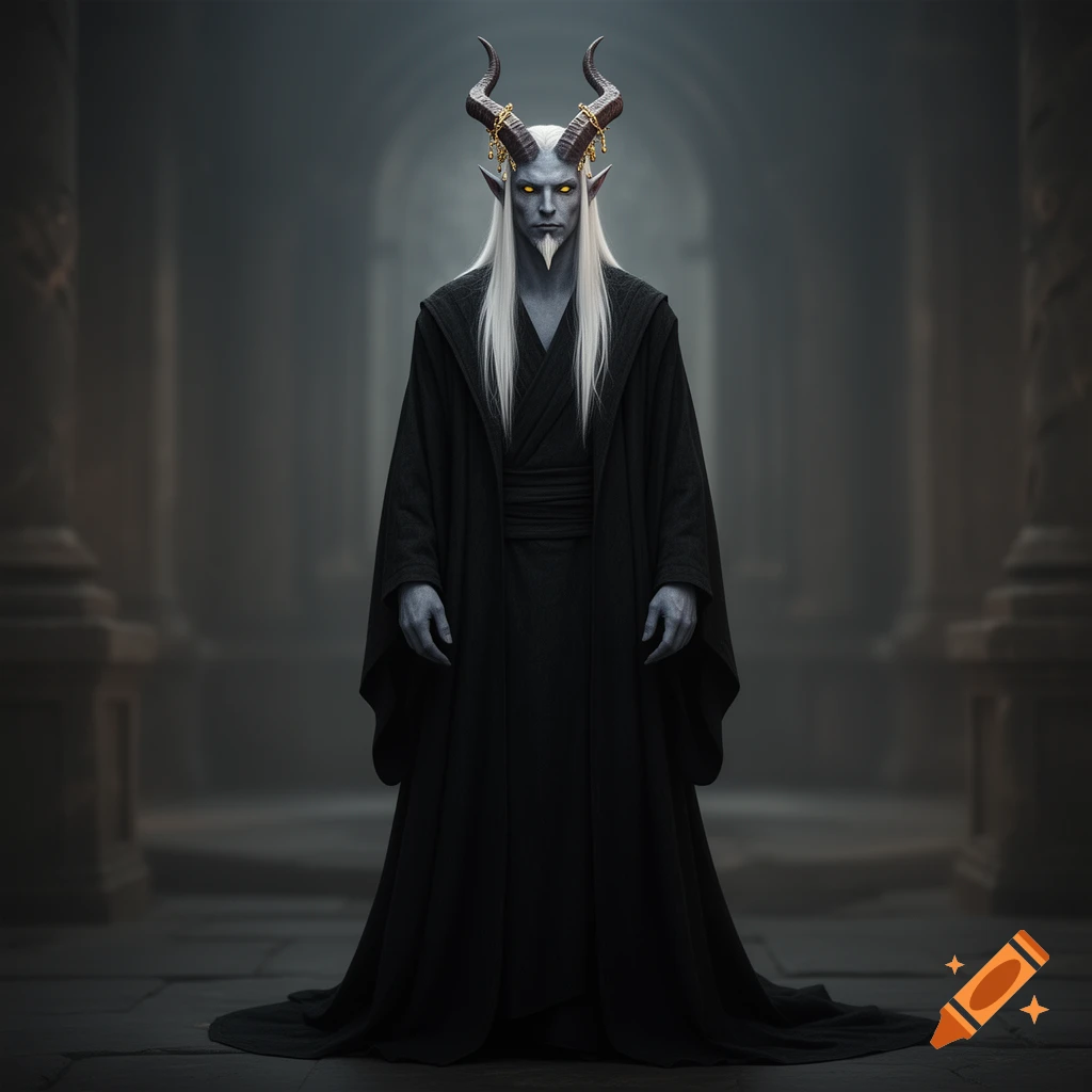 A male Tiefling with white hair, gray-blue skin, yellow eyes, a goatee, and ornate horns, wearing a long black robe in a dark hall.