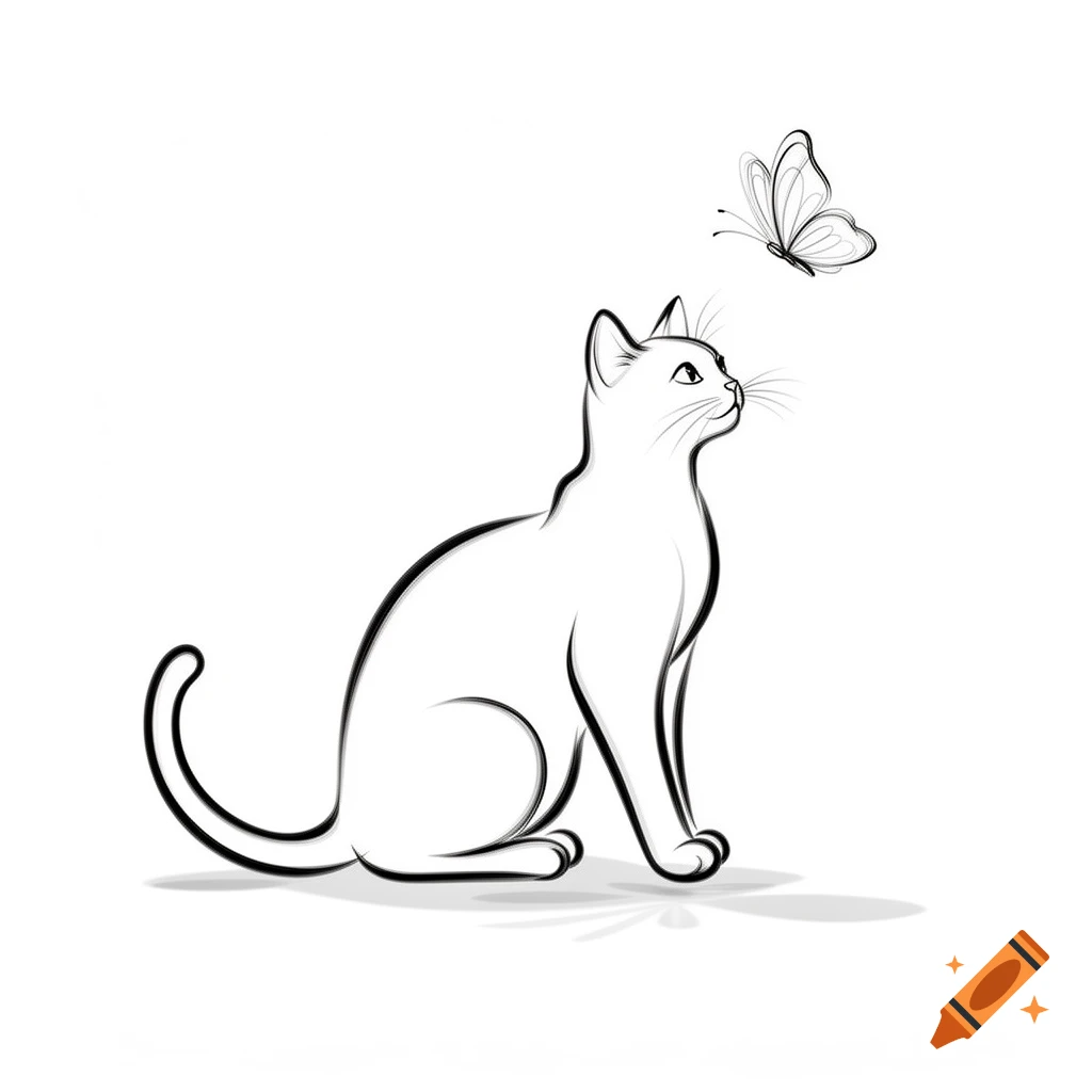 Line art drawing of a cat sitting and looking up at a butterfly hovering above it.