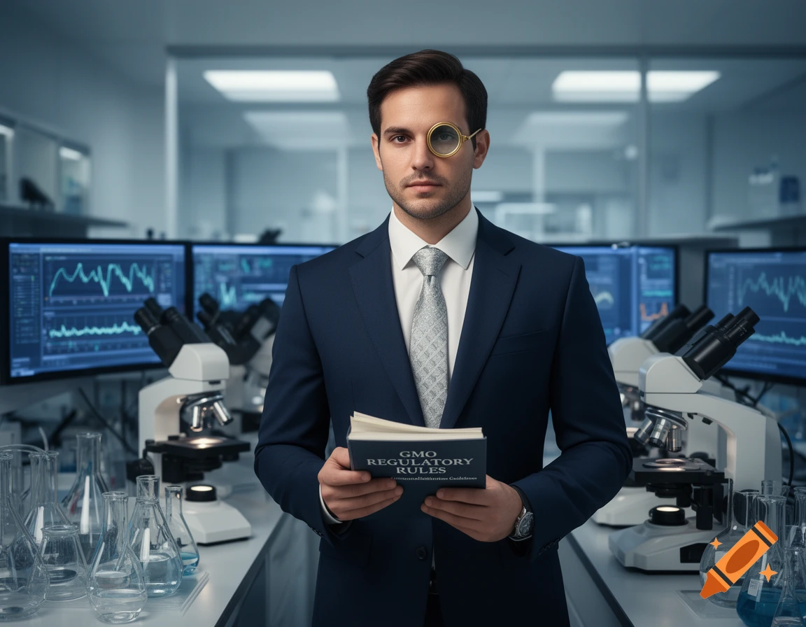 A photorealistic man in a suit and monocle holds a 'GMO Regulatory Rules' book in a modern lab.