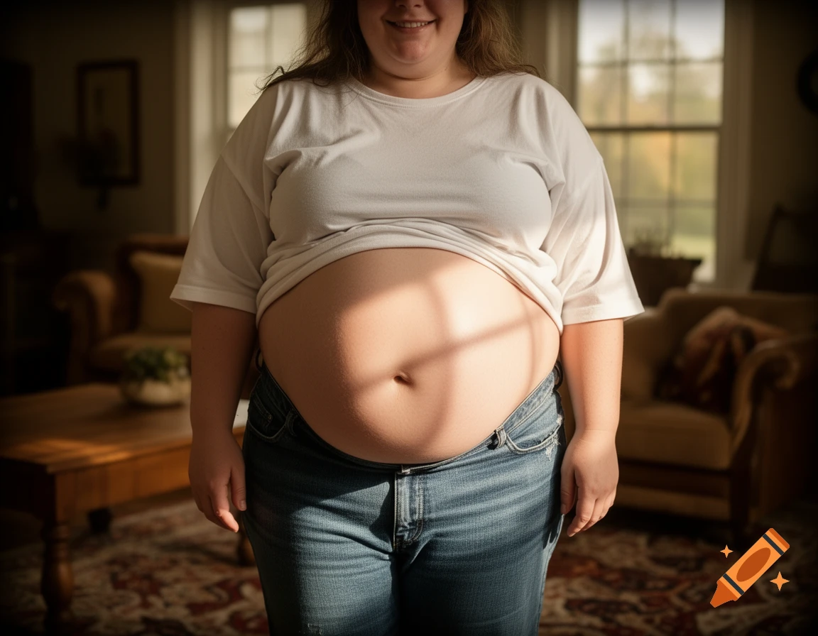 A person with a large belly partially exposed under a white t-shirt, standing in a sunlit indoor room.
