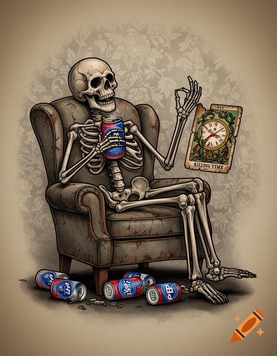 A stylized illustration of a skeleton sitting in an armchair, drinking from a PBR can with several empty cans on the floor. The skeleton holds a tarot card displaying a clock and the words "KILLING TIME".