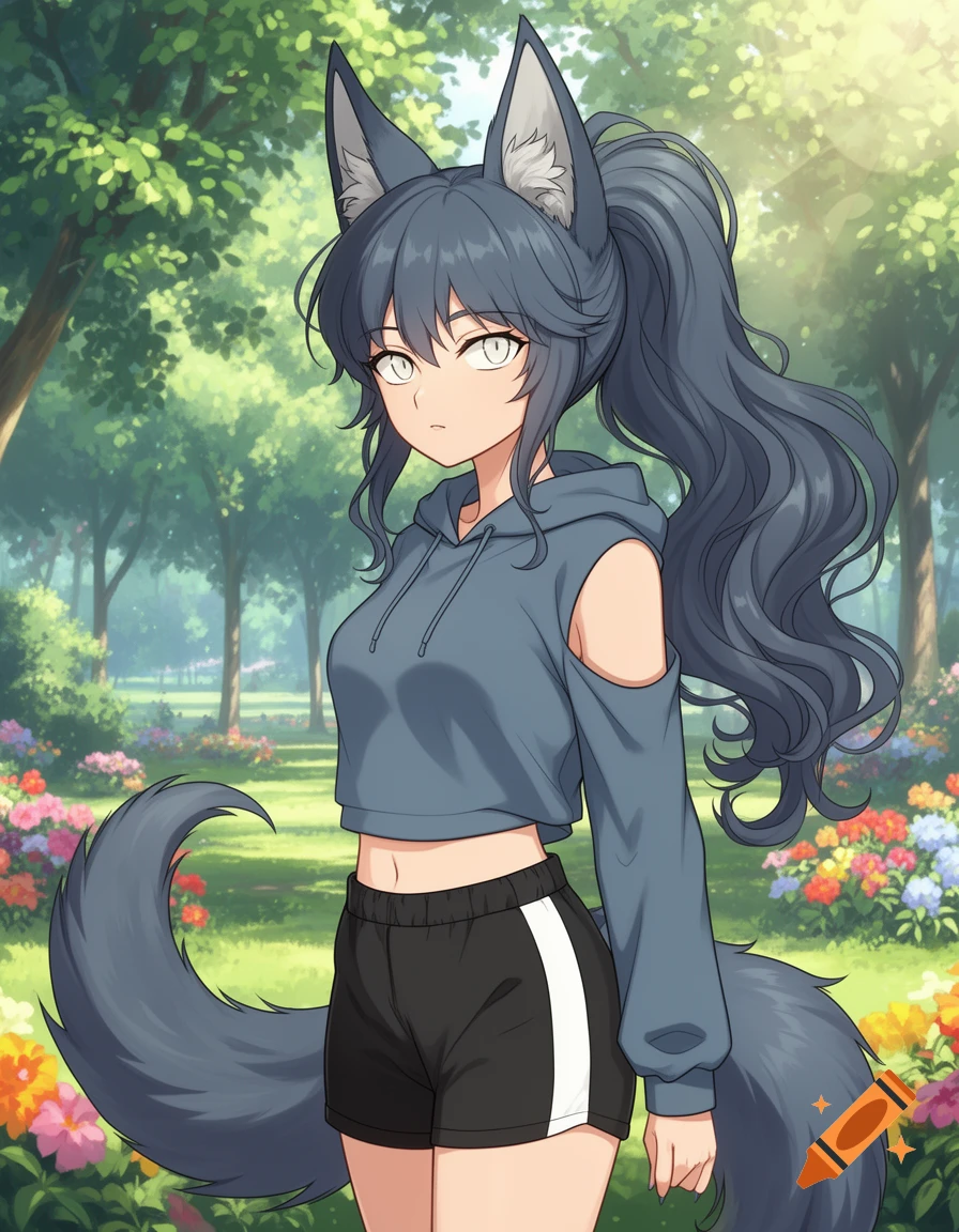 Anime female character with dark wolf ears and tail, wearing a crop top hoodie and shorts, standing in a bright park with flowers.
