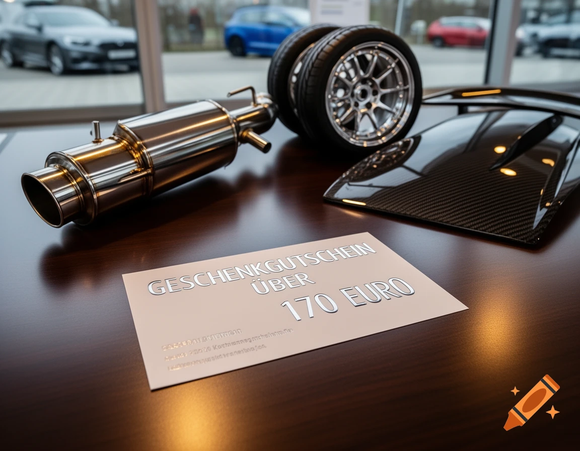 A stainless steel car exhaust, two car wheels, and a carbon fiber car part on a wooden table next to a 170 Euro gift voucher, with blurred cars in the background.