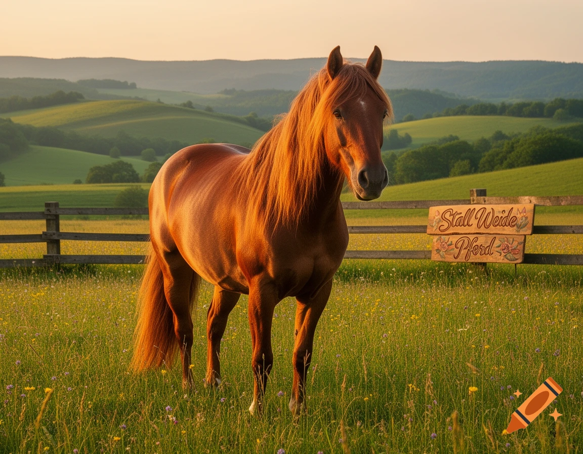 A brown horse stands in a sunny green field with wildflowers, a wooden fence, and rolling hills under a sunset sky.