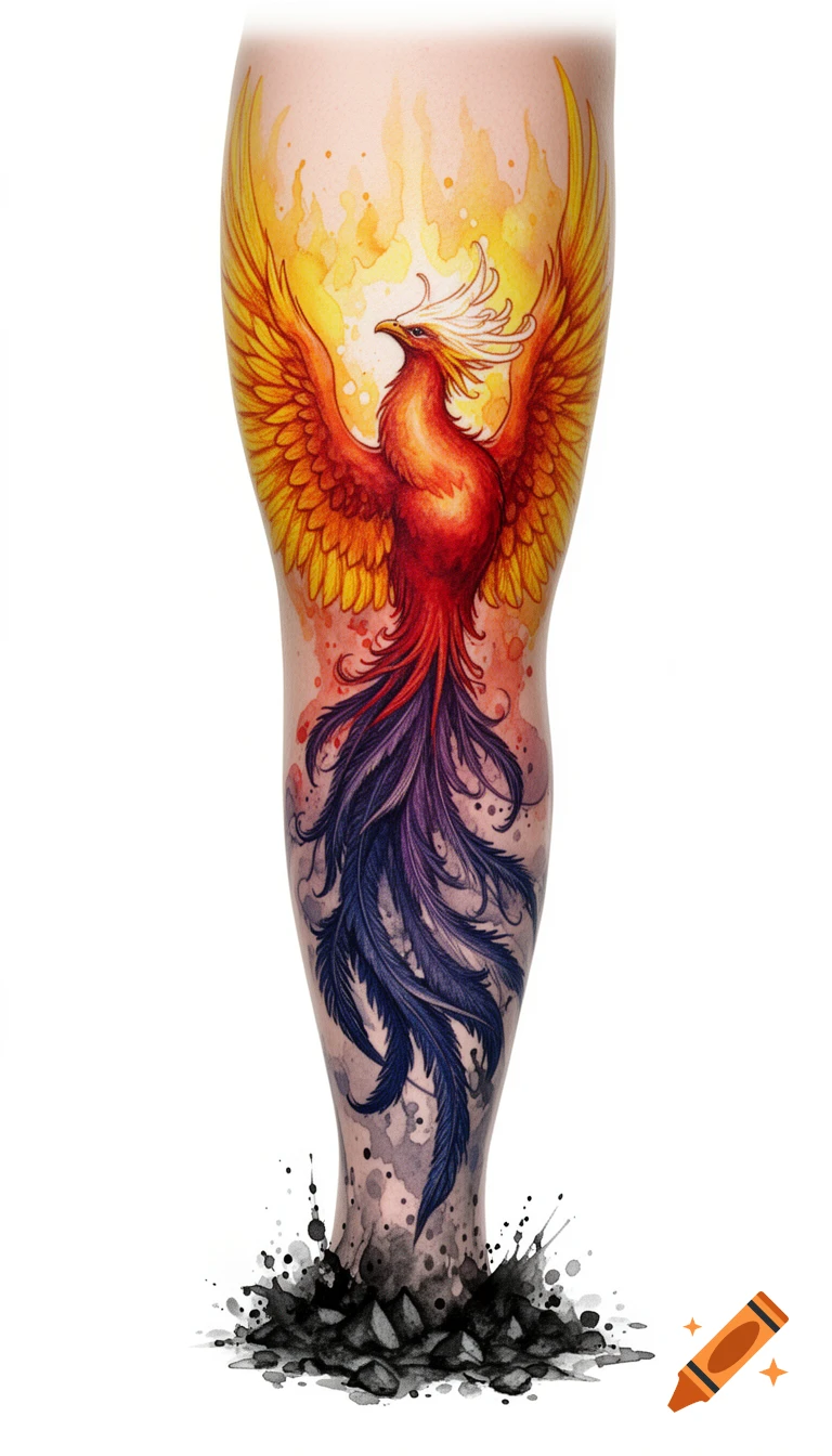 A vibrant watercolor phoenix tattoo on a leg, rising from dark ash splatters, with red and orange wings and indigo tail feathers.