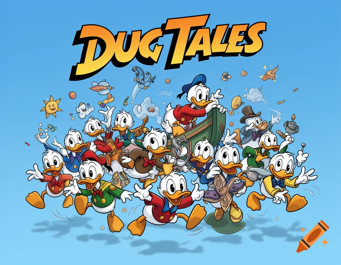 A cartoon illustration in the style of DuckTales featuring many excited duck characters like Scrooge McDuck and Donald Duck, along with Huey, Dewey, and Louie, all jumping and reaching. The title "DUG Tales" is above them against a blue sky.