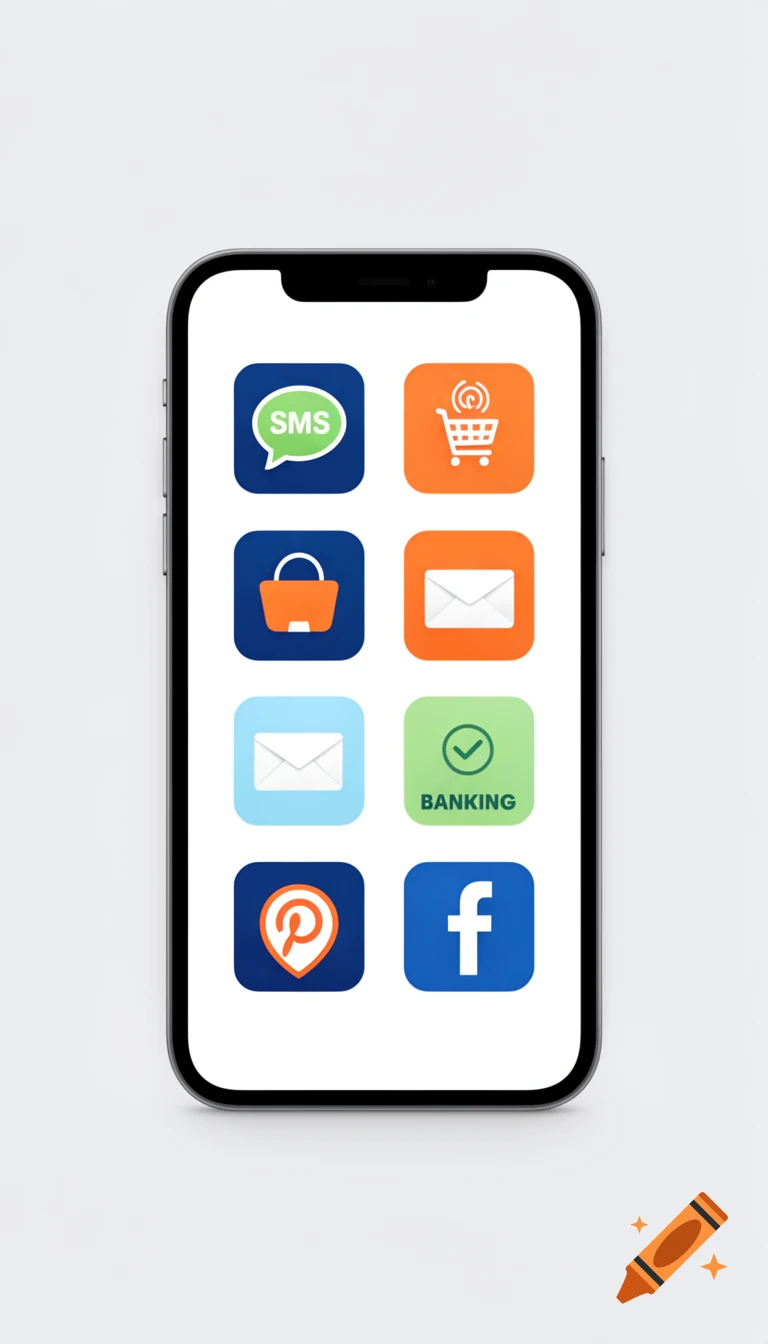 A smartphone displaying eight application icons for SMS, online shopping, mail, banking, Pinterest, and Facebook on a white background.