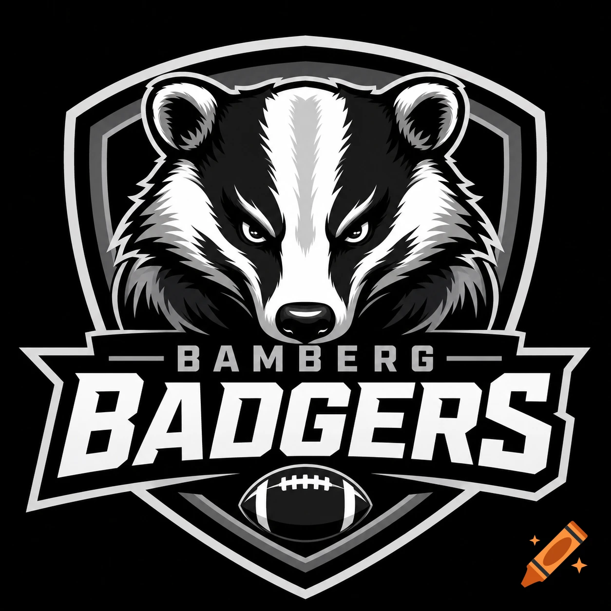 A fierce badger head logo in a shield emblem, featuring "BAMBERG BADGERS" text and an American football, in black, white, and grey.