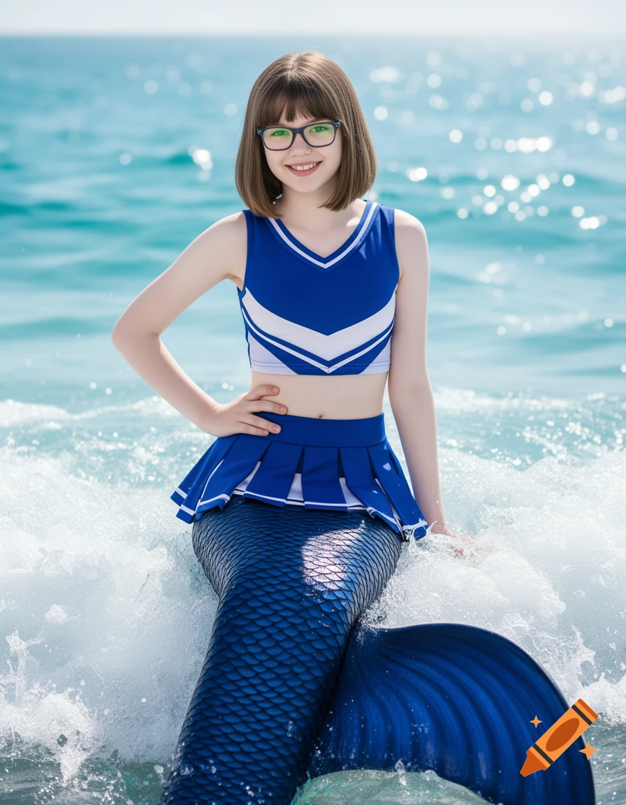 A smiling teenage mermaid cheerleader with a brown bob, glasses, and a blue and white outfit, sitting in the ocean.