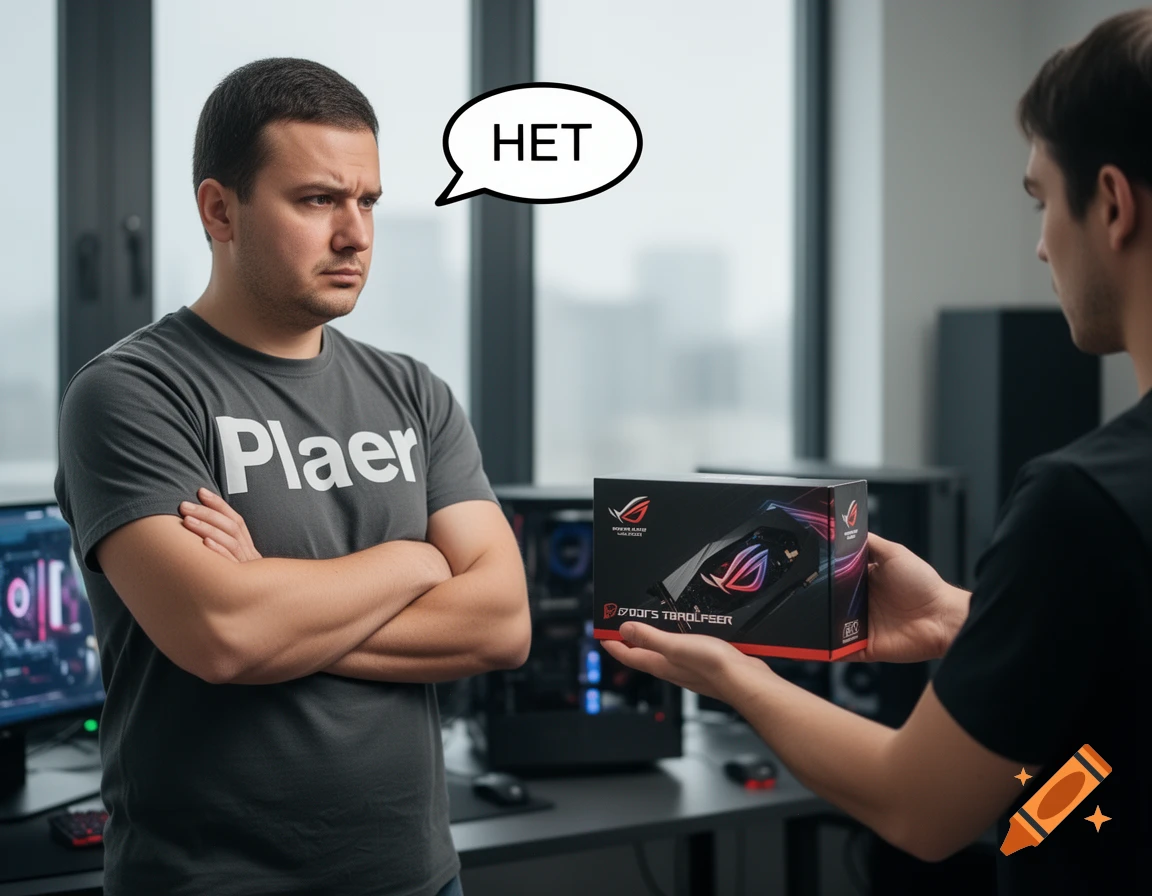 A man with arms crossed in a 'Plaer' t-shirt looks annoyed at another man holding an ASUS ROG box, with a speech bubble saying 'HET'.