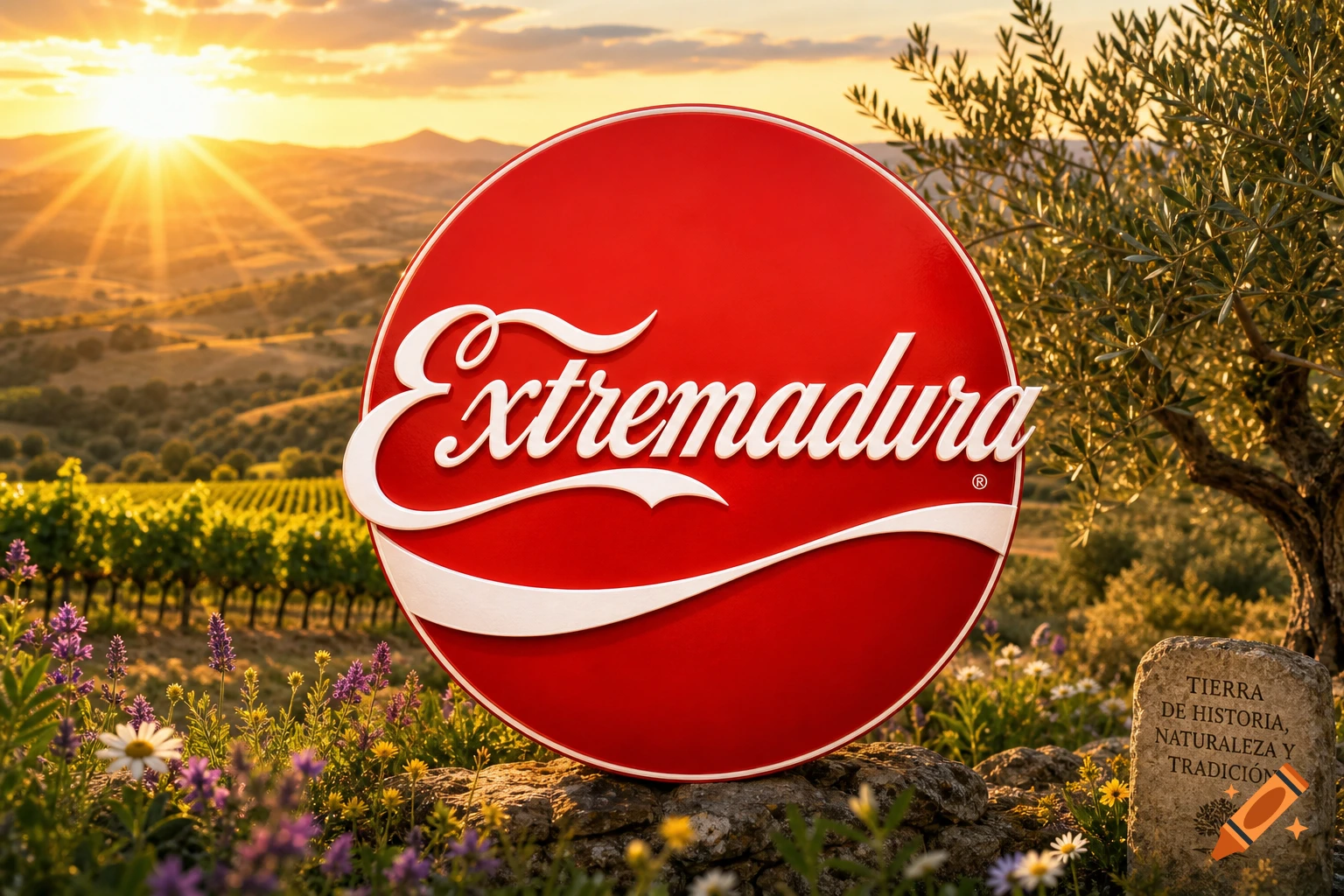 Red circular 'Extremadura' sign on a stone wall in a vibrant, sunny landscape with vineyards, olive trees, and wildflowers at sunset.