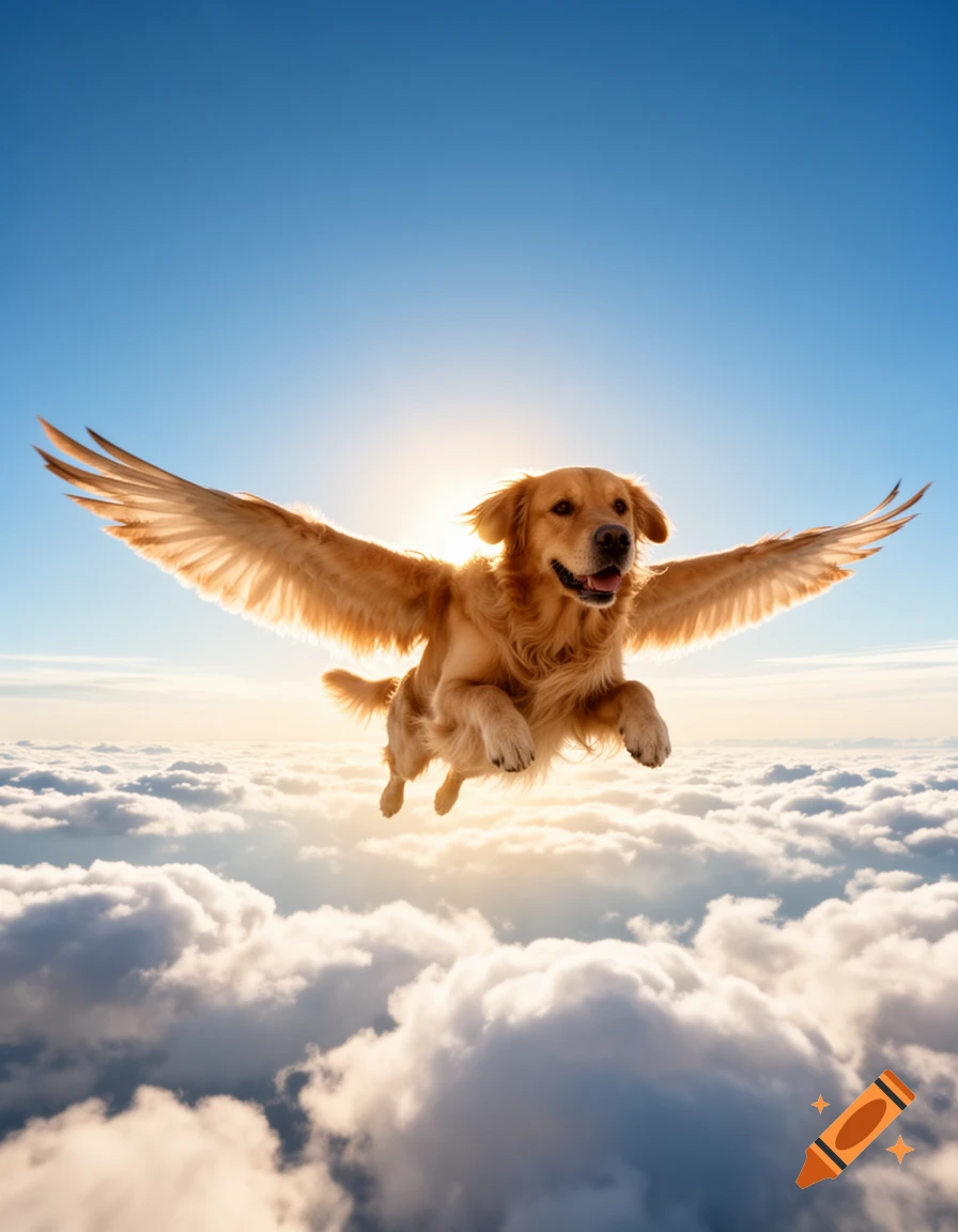 A golden retriever with feathered wings flies happily above white clouds in a sunny blue sky.