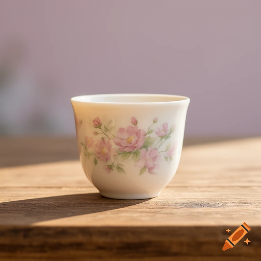 A white cup with pink floral patterns sits on a wooden table, illuminated by sunlight.