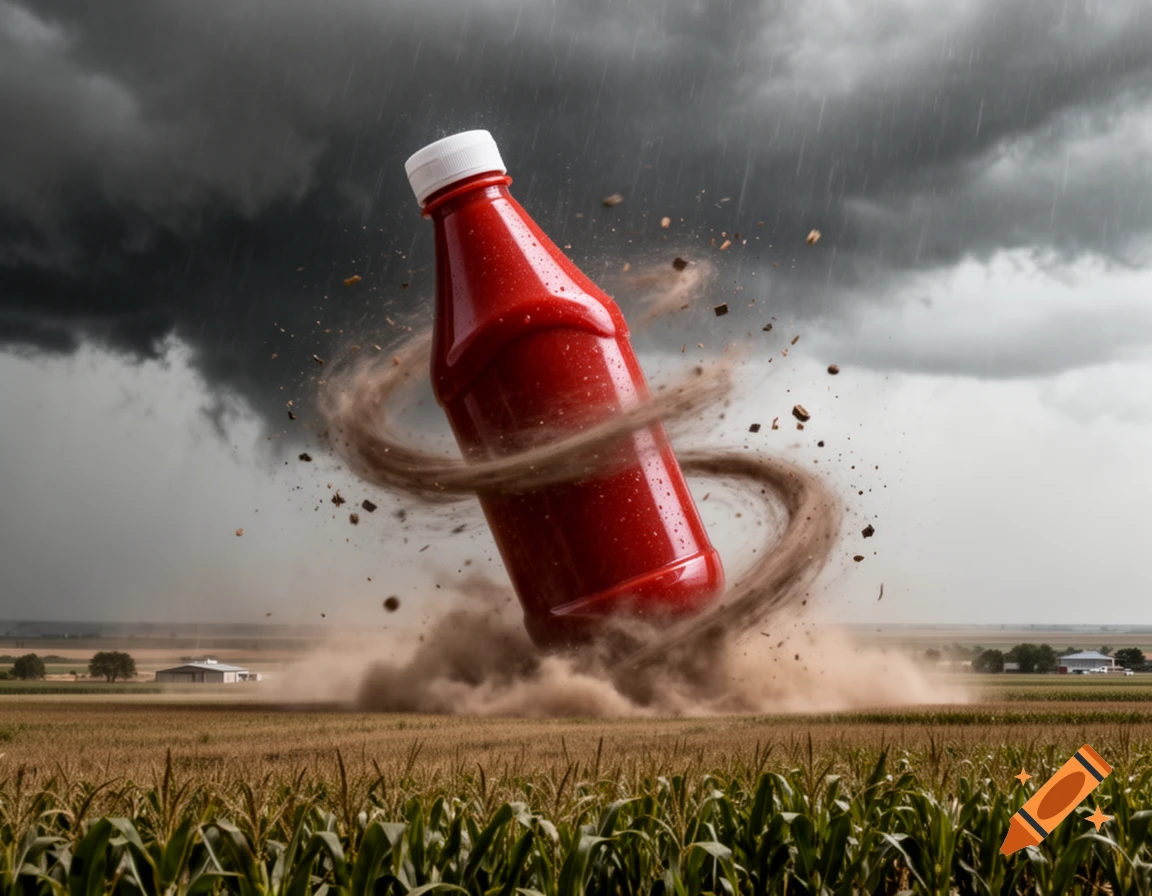 A photorealistic image of a giant red ketchup bottle serving as a tornado funnel cloud, swirling dirt in a cornfield under a stormy, rainy sky.