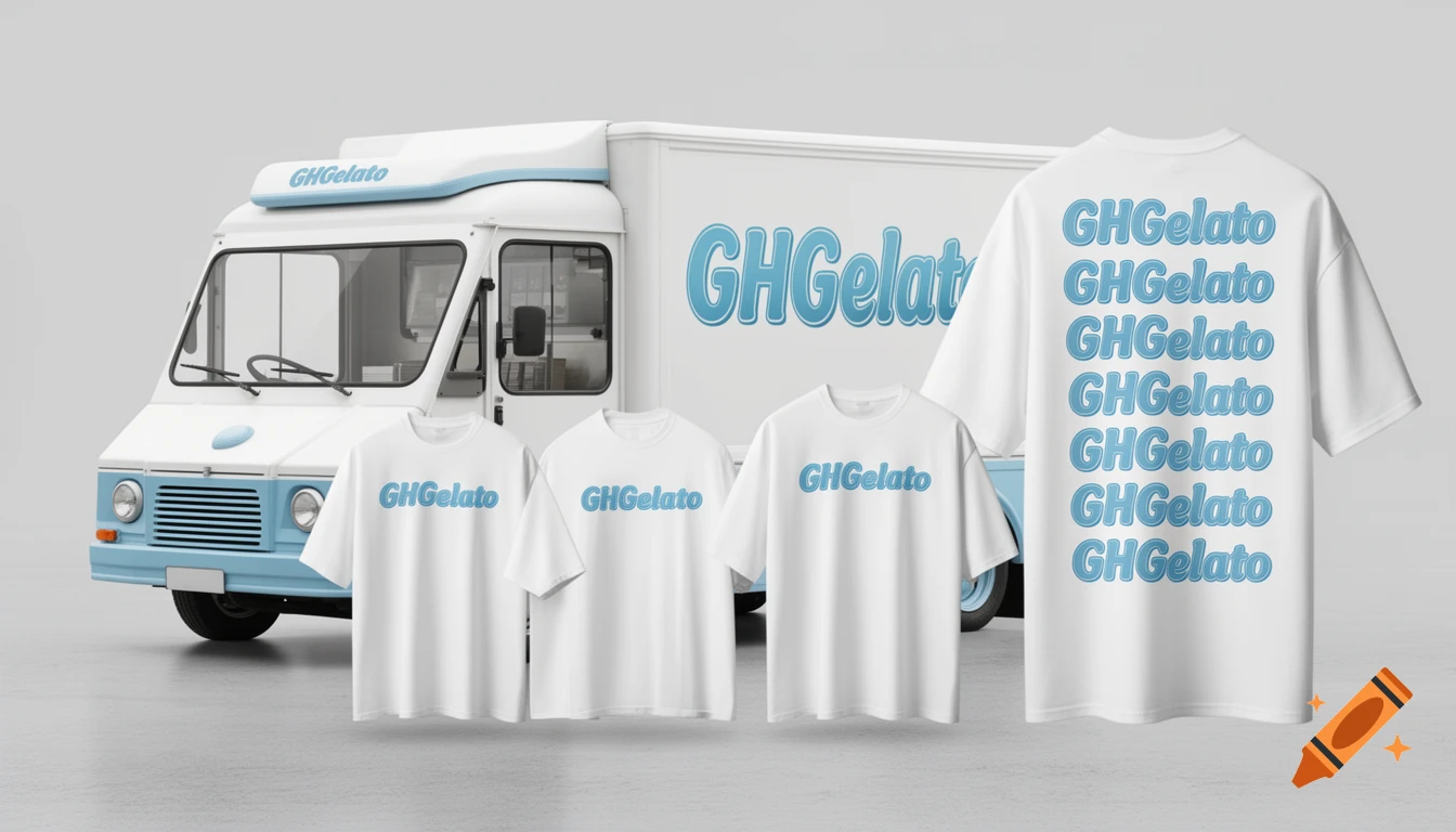A white and light blue GH Gelato delivery truck with several white branded t-shirts in front of it.