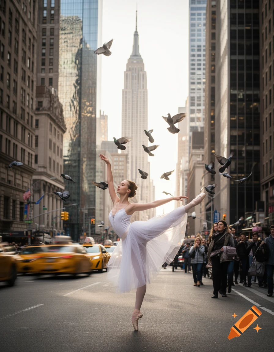 A ballerina in a white tutu dances en pointe on a New York City street with pigeons flying around, yellow taxis and the Empire State Building in the background.