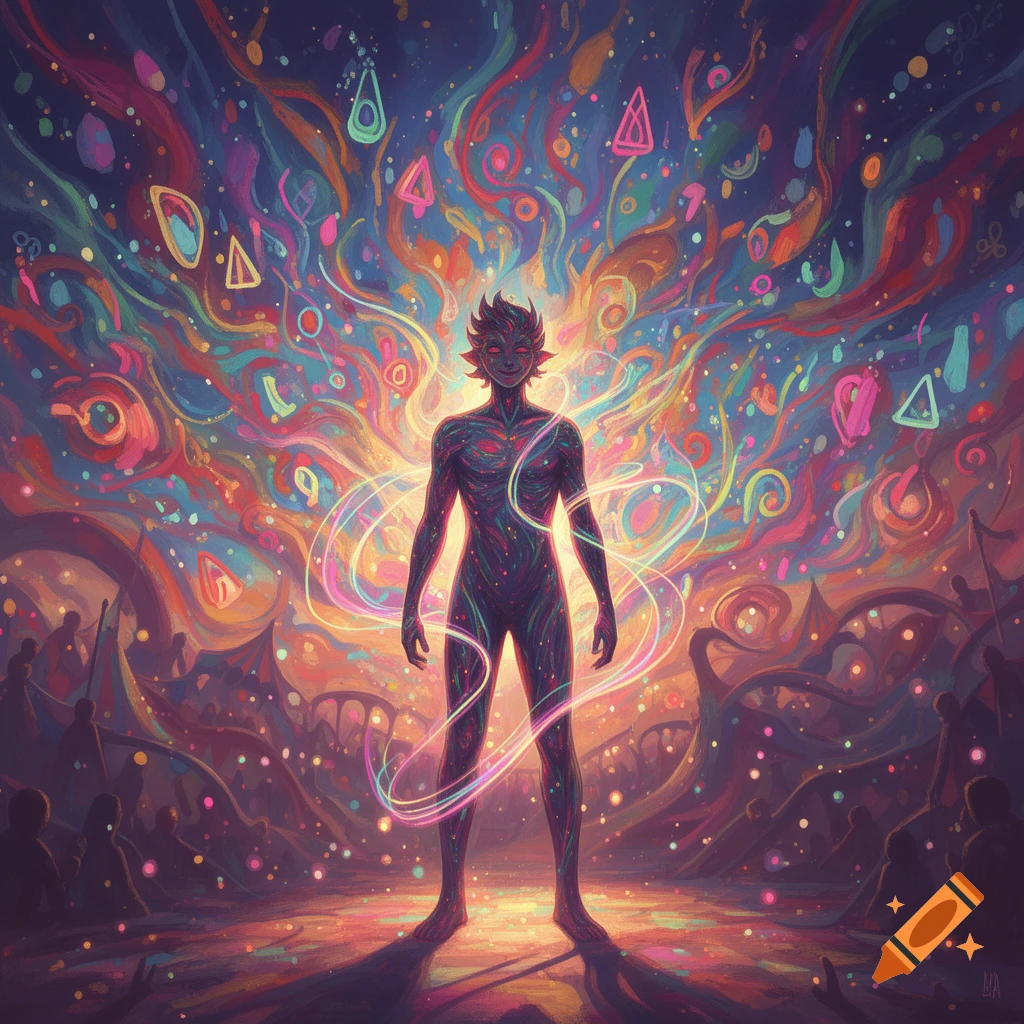 A vibrant, colorful, stylized figure stands in the center, emanating a swirling aura of bright colors and abstract shapes.