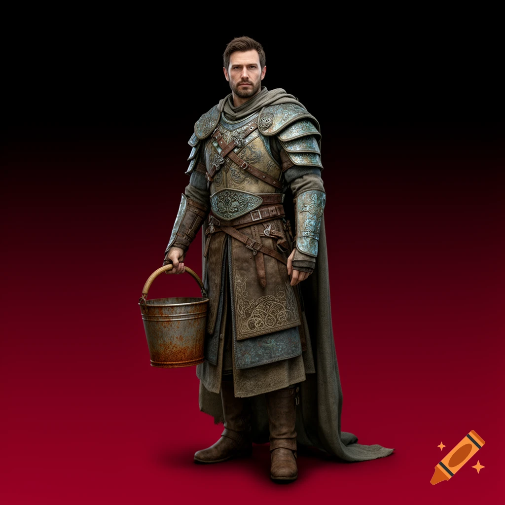 Photorealistic man in ornate fantasy armor holds a rusty metal bucket against a red and black gradient background.