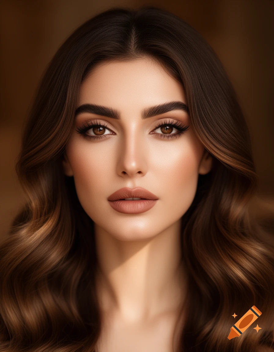 Photorealistic portrait of a woman with long wavy brown hair and prominent lips, looking directly at the viewer.