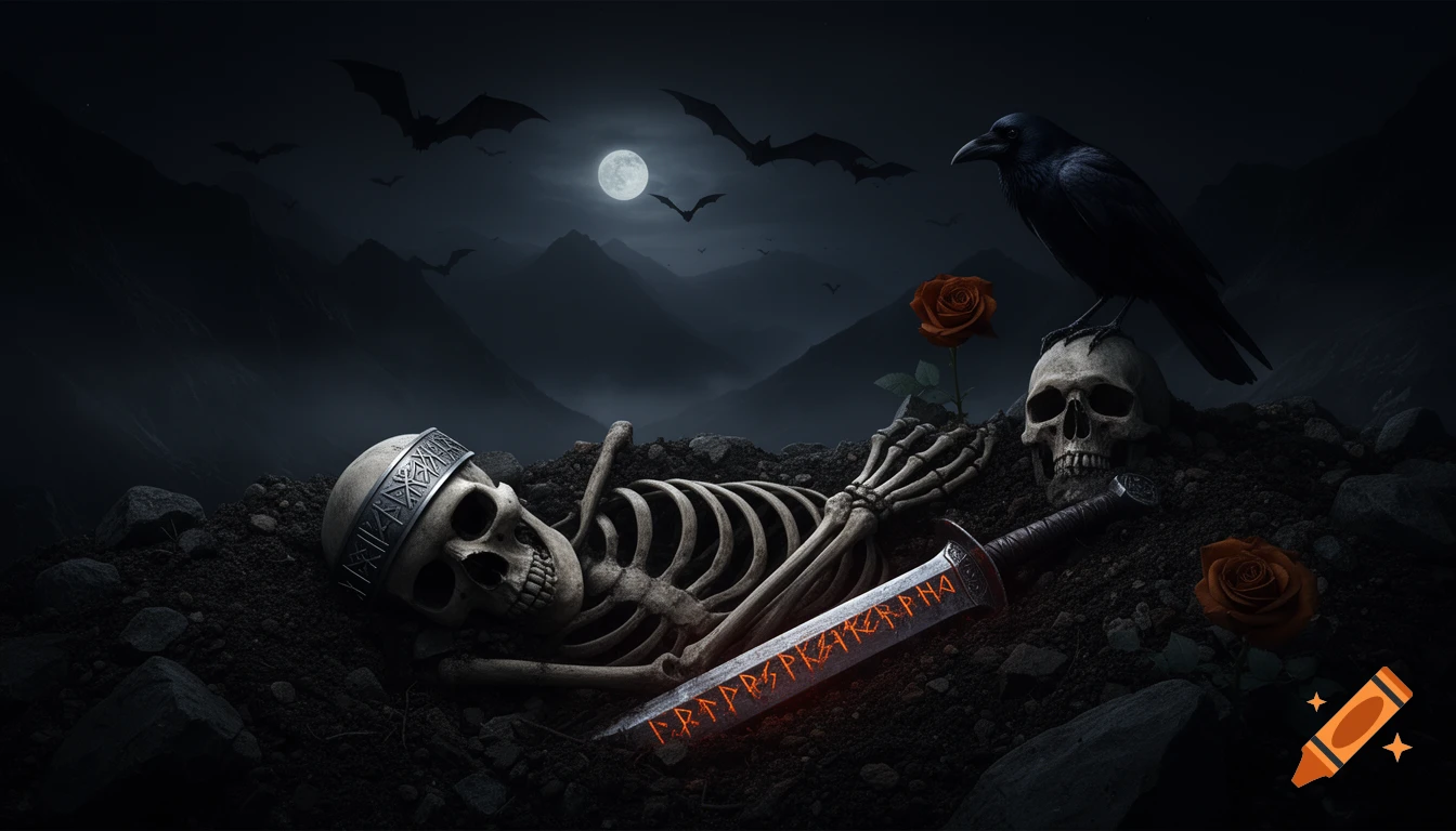 A skeleton wearing a runic circlet holds a glowing runic sword in a grave. A raven perches on a skull, bats fly under a full moon in a dark mountain landscape.