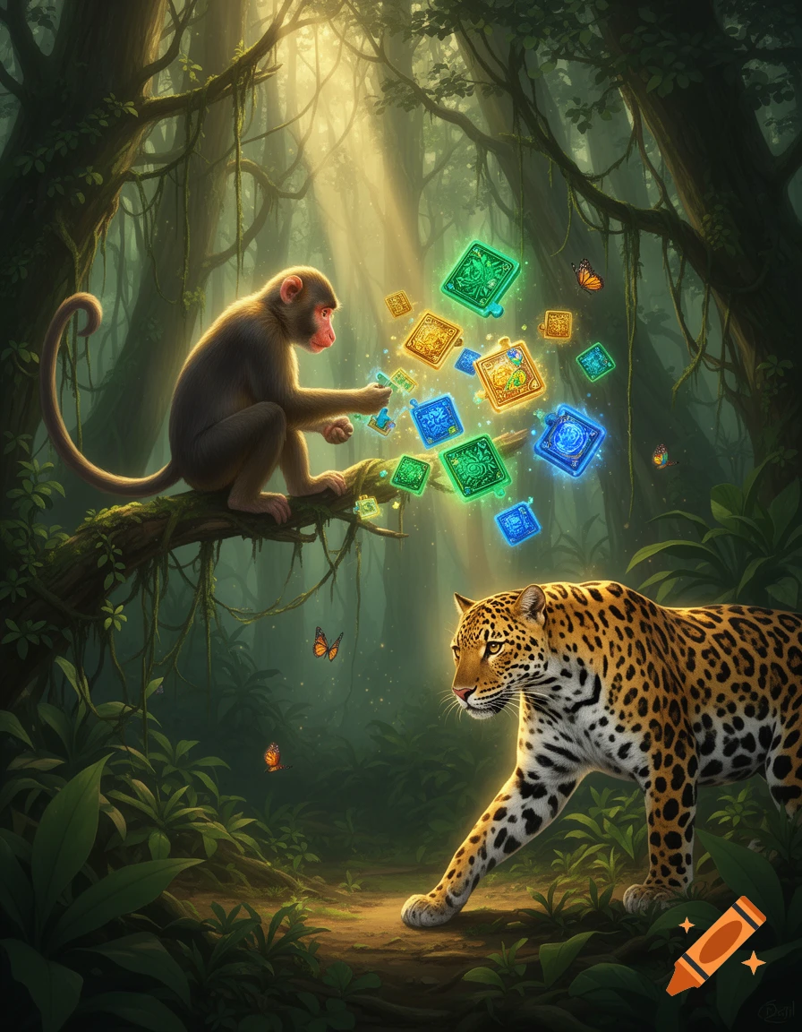 A monkey on a branch interacts with glowing magical tiles as a leopard walks below in a lush jungle with dappled sunlight.
