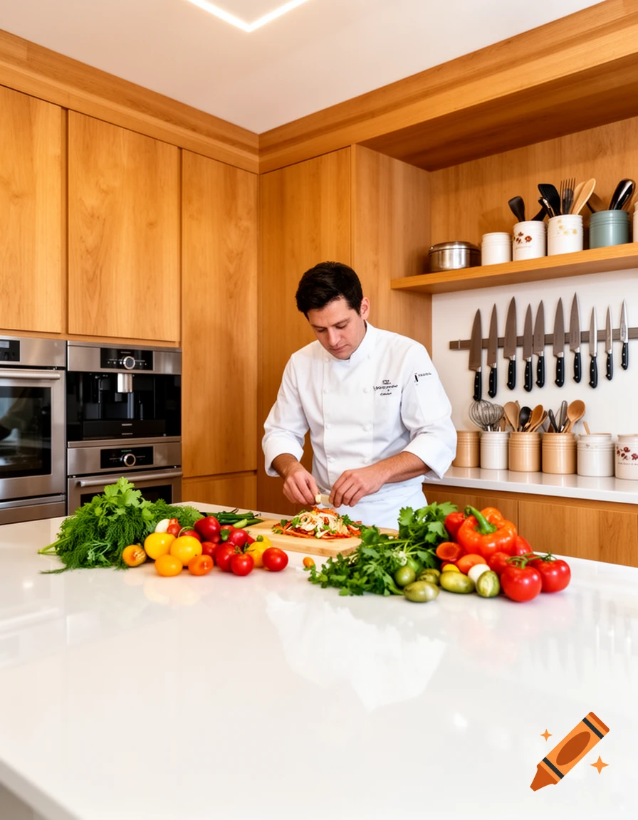 A male chef in a white uniform prepares a dish with fresh vegetables on a white counter in a modern kitchen.