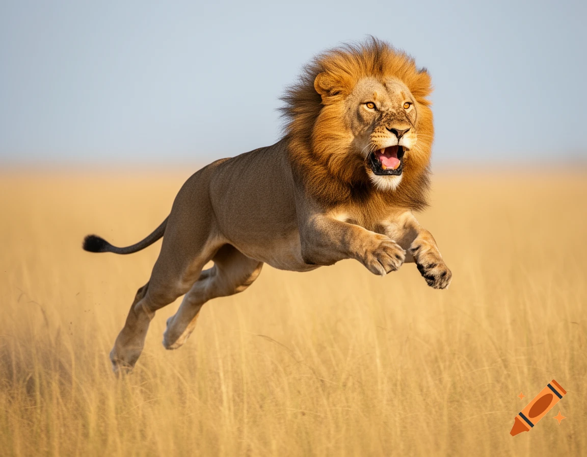 A powerful male lion with a full mane leaps mid-air over golden savanna grass, snarling with an open mouth.