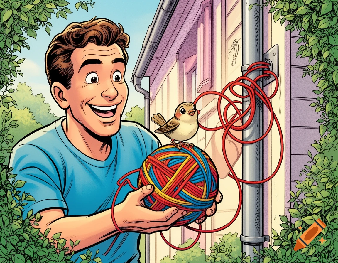 A friendly man in comic art style smiles, holding a colorful yarn ball with a bird perched on it, next to a house with ivy.