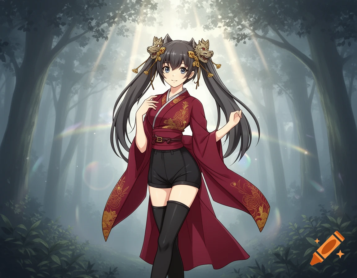 Anime girl in a red kimono-style top, black shorts, and thigh-high socks, with ornate animal head hair accessories, stands in a mystical forest.
