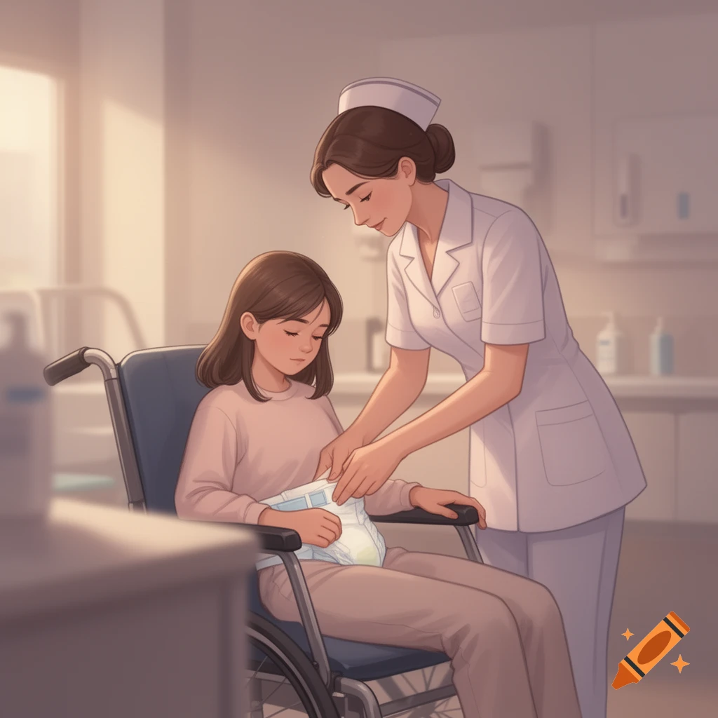 An anime-style illustration of a nurse adjusting a diaper on a young woman sitting in a wheelchair in a healthcare facility.