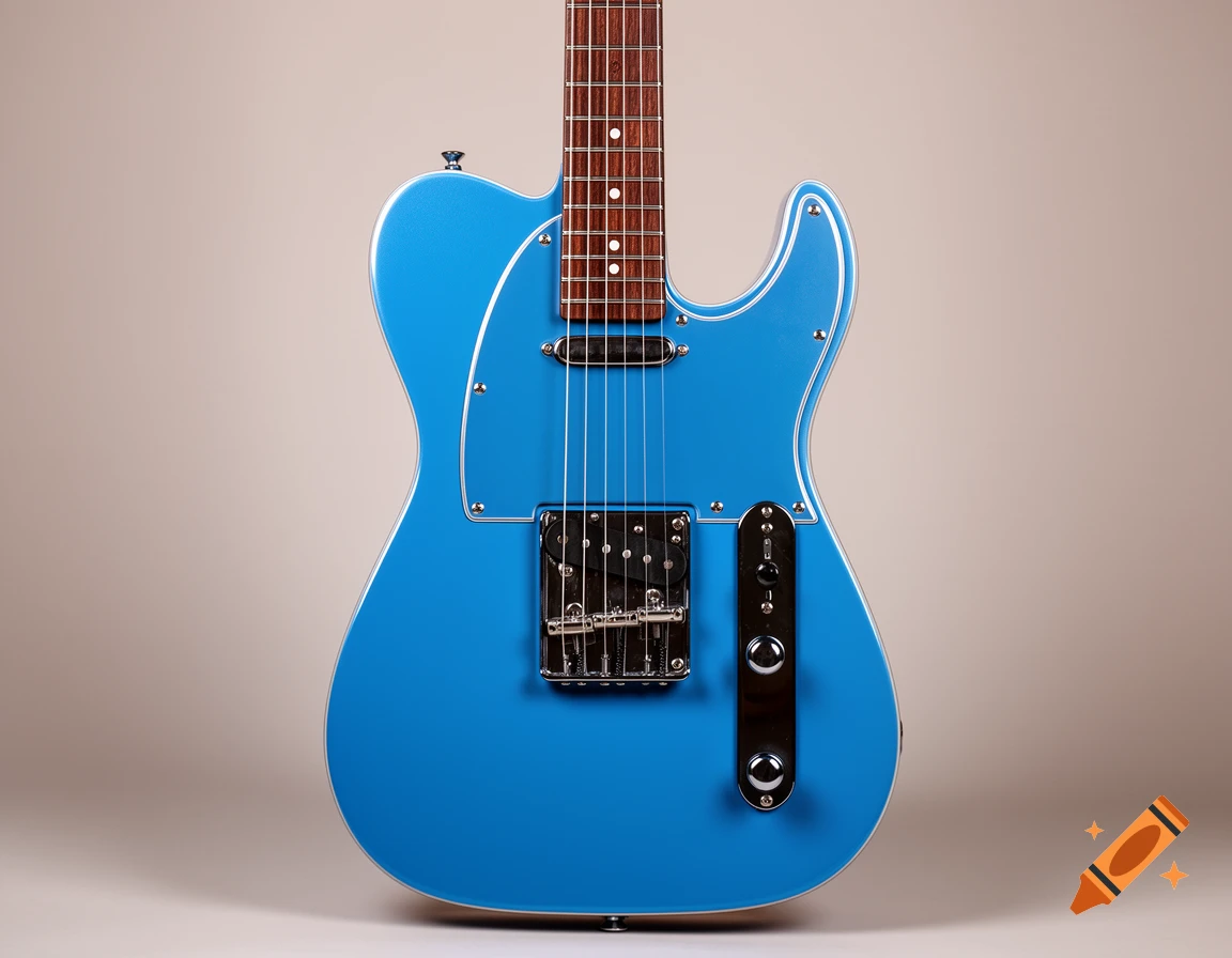 A close-up of a vibrant blue electric guitar with a rosewood fretboard on a light background.