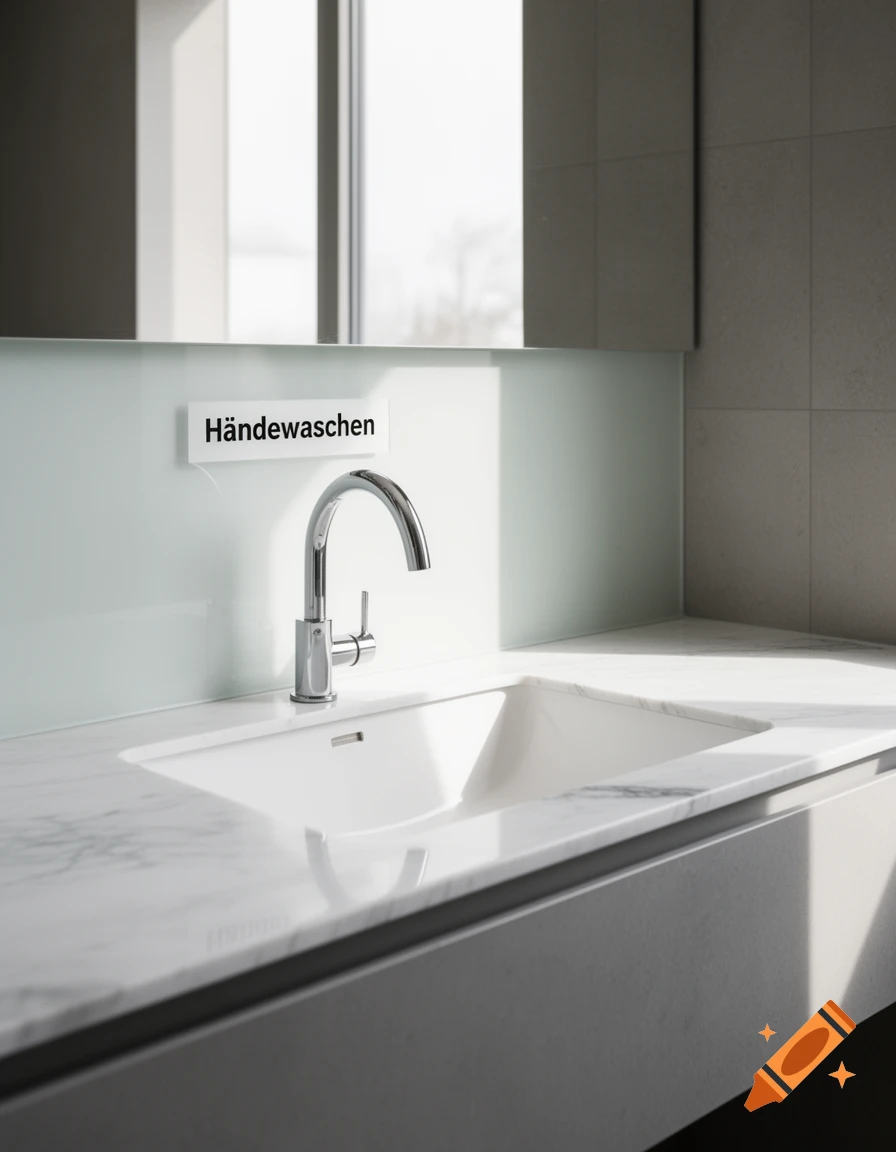 A modern bathroom sink with a marble countertop, chrome faucet, and a sign reading "Händewaschen".