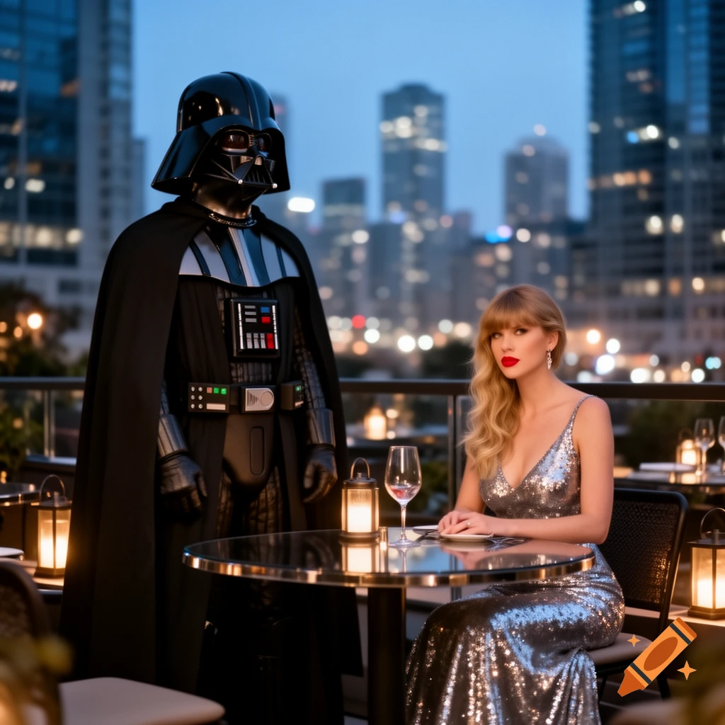Photorealistic image of Darth Vader standing next to Taylor Swift at a rooftop restaurant, with a city skyline at dusk.