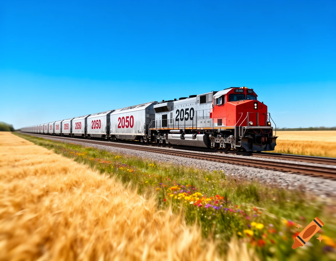A long freight train with "2050" written on its cars travels through a golden field under a clear blue sky, with colorful wildflowers in the foreground.