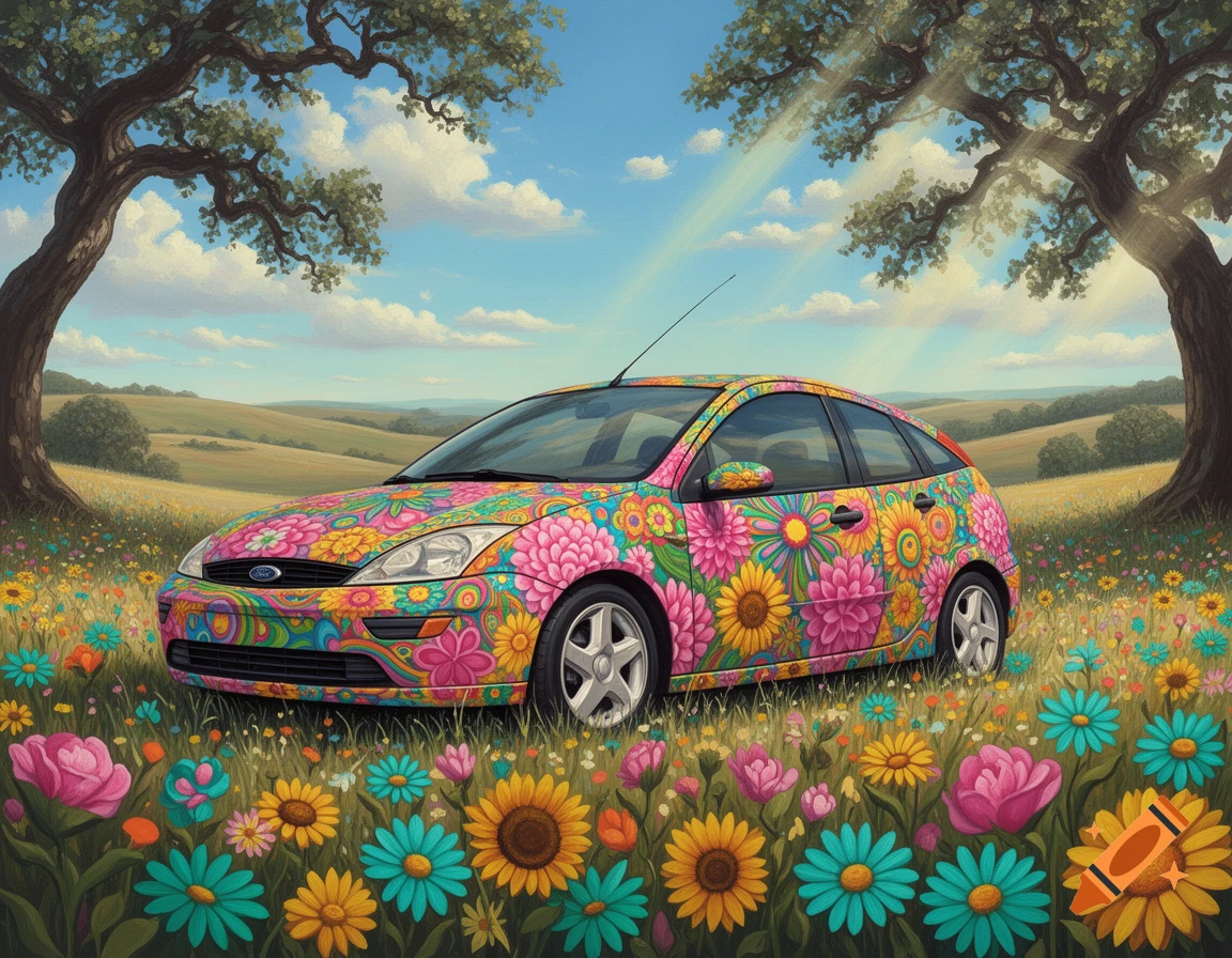 A Ford Focus hatchback, painted with vibrant hippie flower patterns, parked in a field of colorful flowers under a sunny sky.