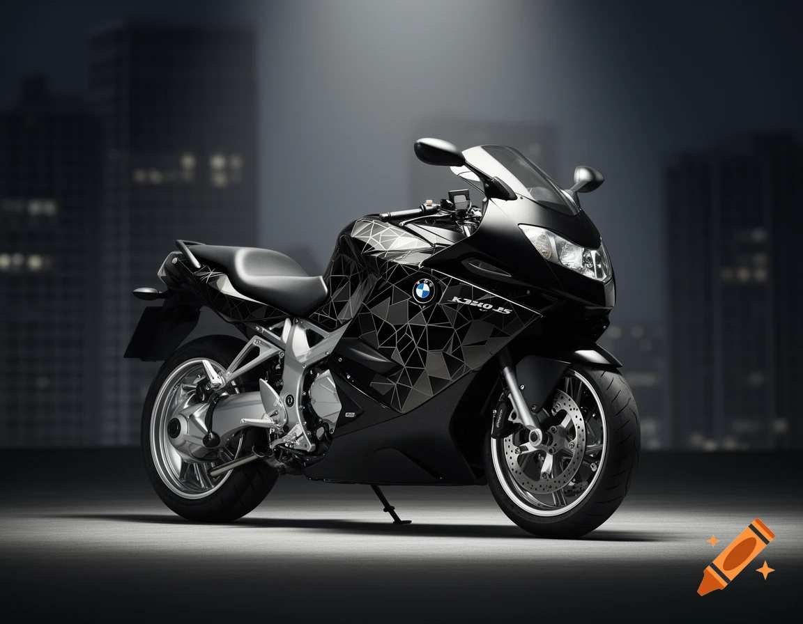 Black BMW K1200RS motorcycle with geometric pattern on body, parked against a dark, blurred city background.