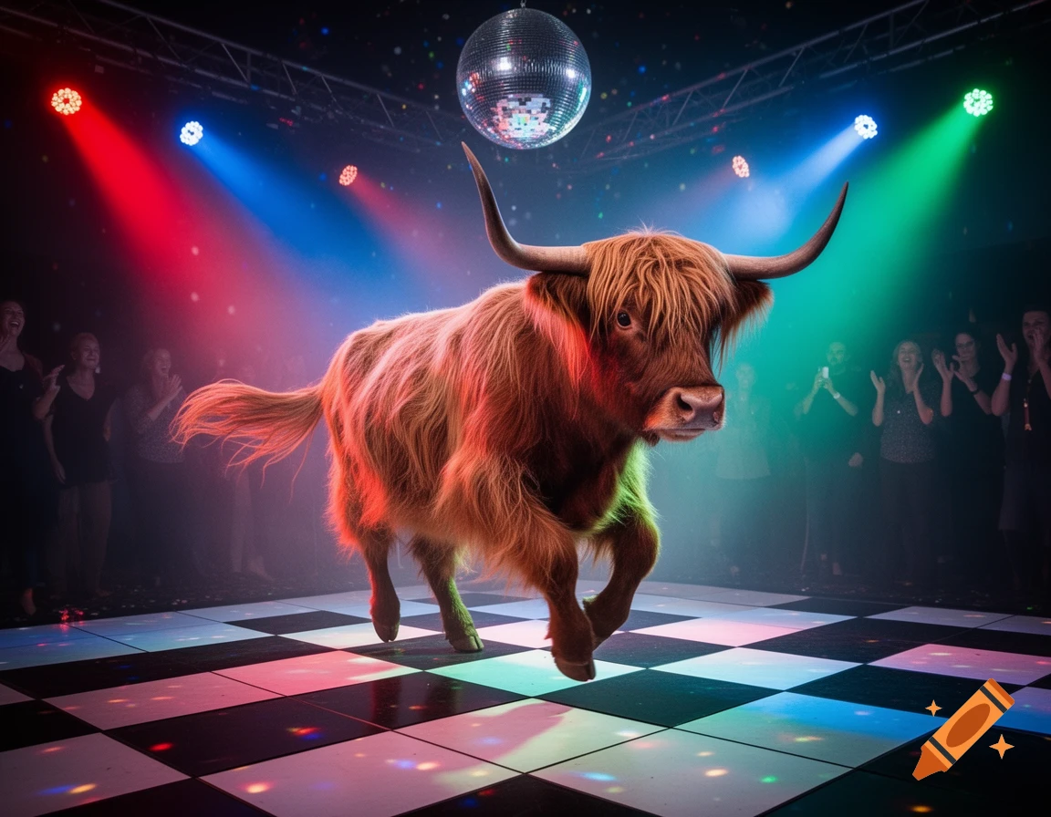 A shaggy Highland cow dances on a black and white disco floor under a disco ball and colorful spotlights, with blurred people in the background.