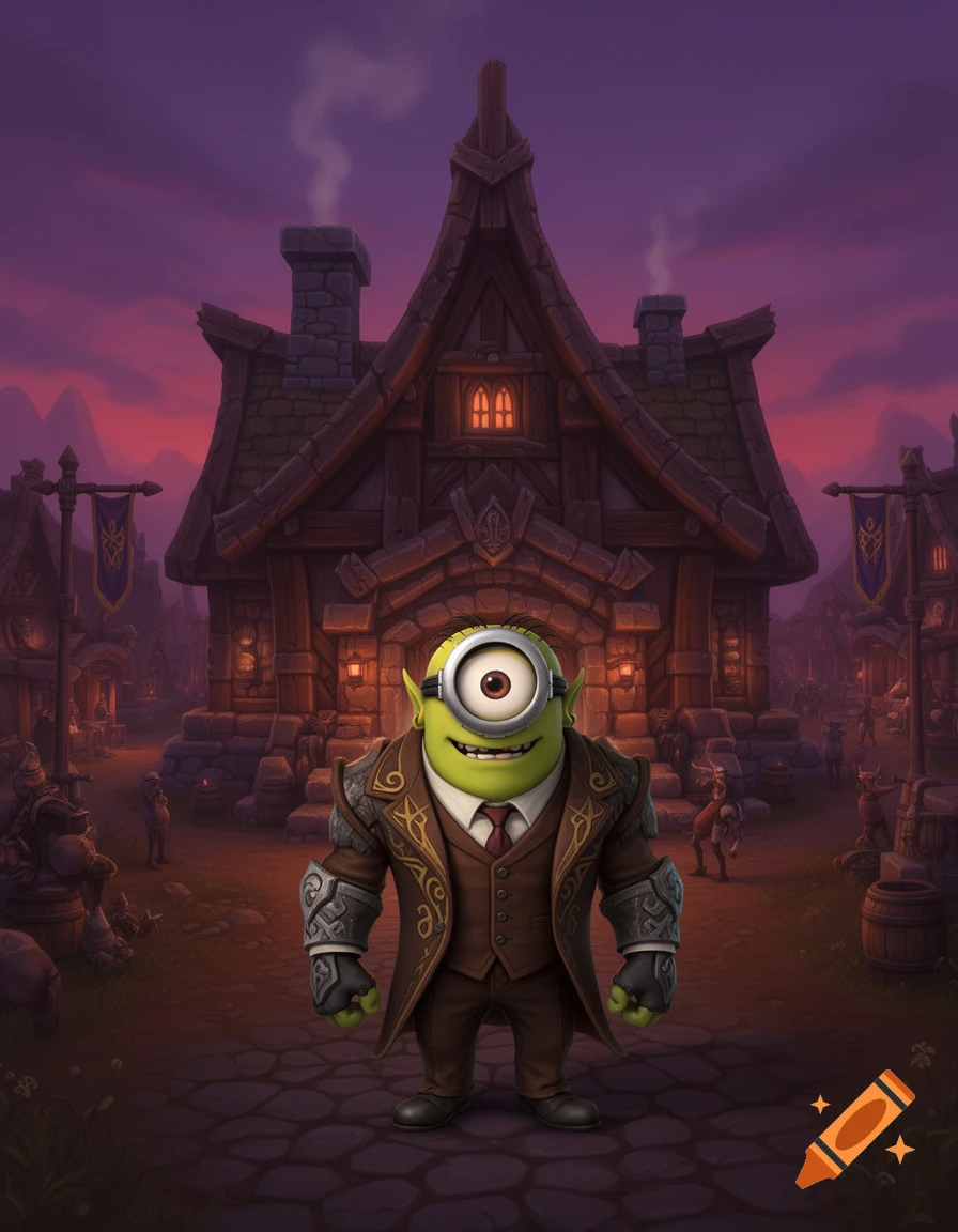 A green, one-eyed Orc Minion in a brown suit stands before a detailed, medieval fantasy building at dusk.