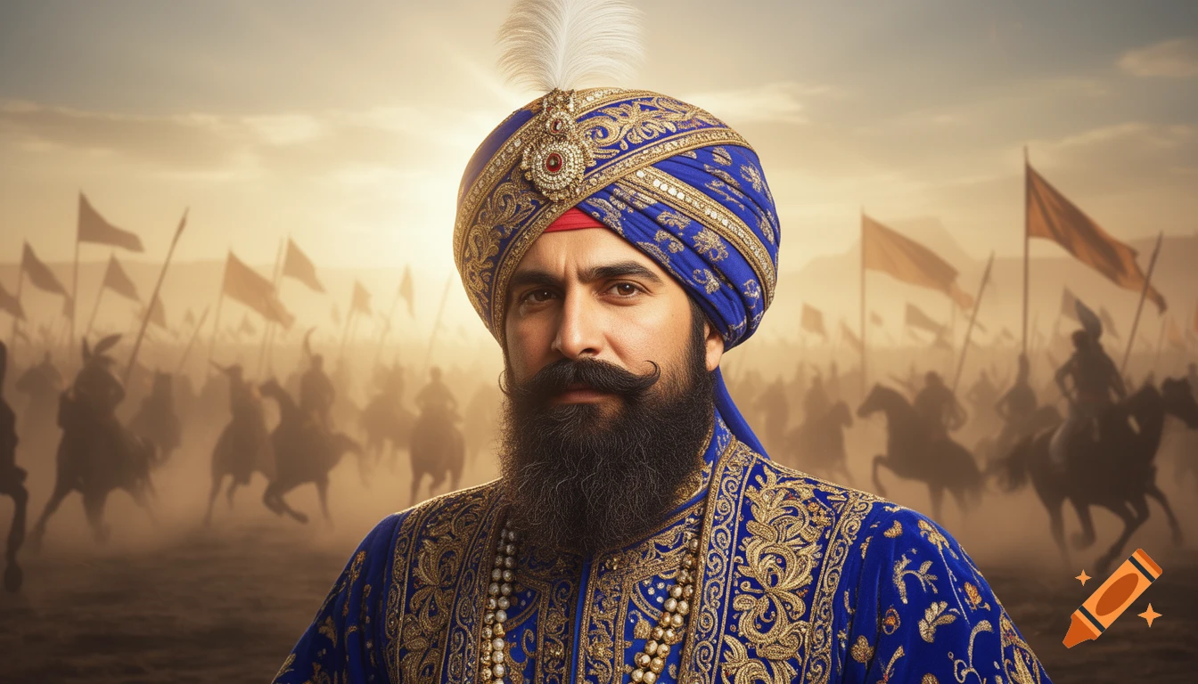 A portrait of a Sikh warrior in a blue and gold turban and ornate robe, with a beard and mustache, against a smoky battlefield with many horsemen.