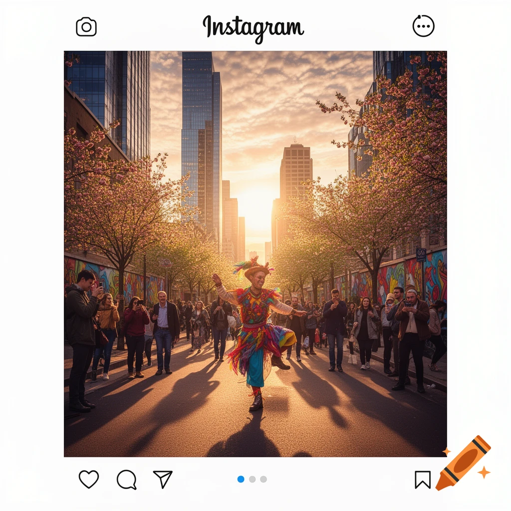 A vibrant street scene with a person in a colorful costume dancing in the middle of a crowd, framed like an Instagram post with city buildings and cherry blossom trees at sunset.