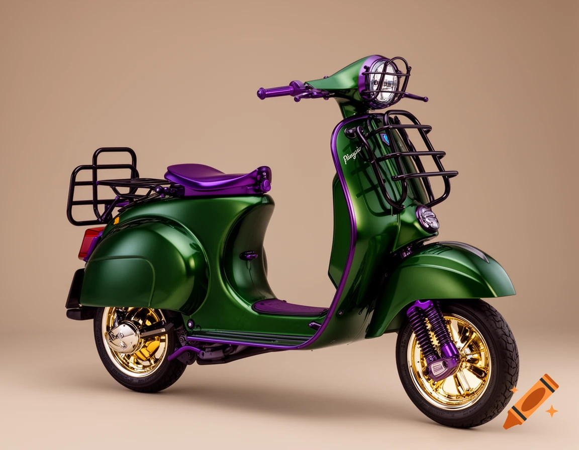 A green and purple classic Piaggio moped with gold rims, black luggage racks, and a headlight grille, against a plain neutral background.