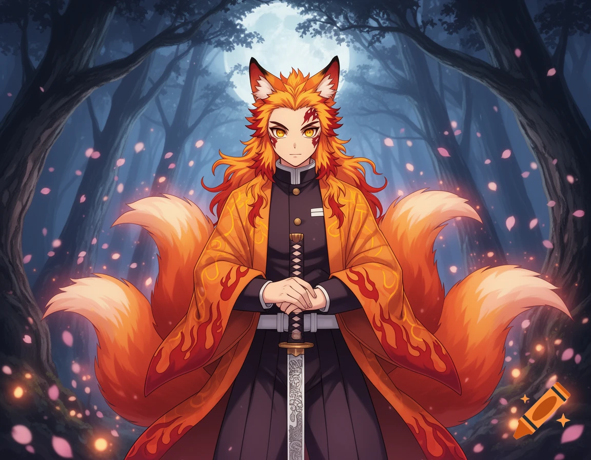 Anime character Kyōjurō Rengoku as a Kitsune with fox ears and multiple orange tails, holding a katana in a dark forest under a full moon.