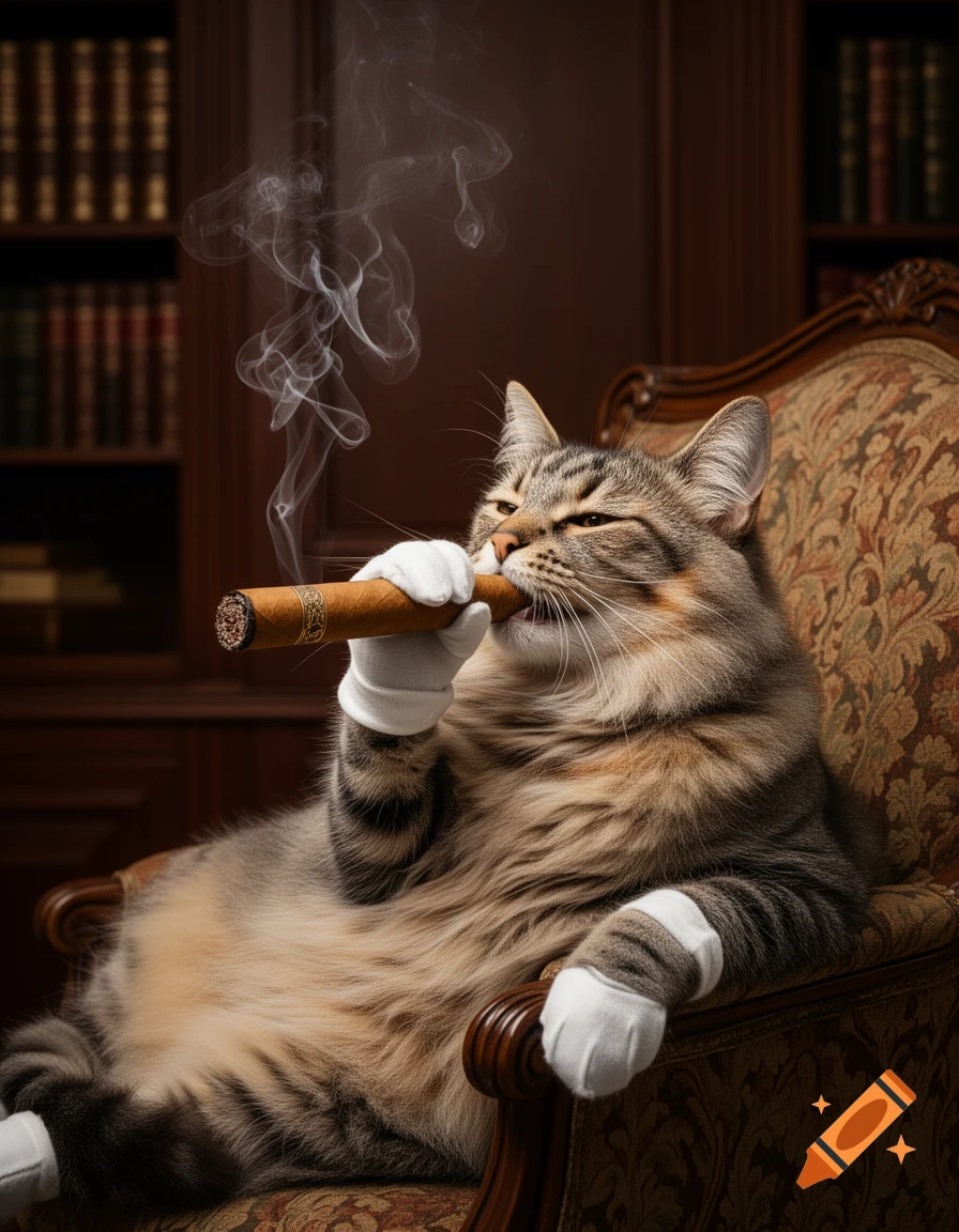 A fluffy tabby cat in white gloves smokes a cigar, sitting regally in an ornate armchair in a study.