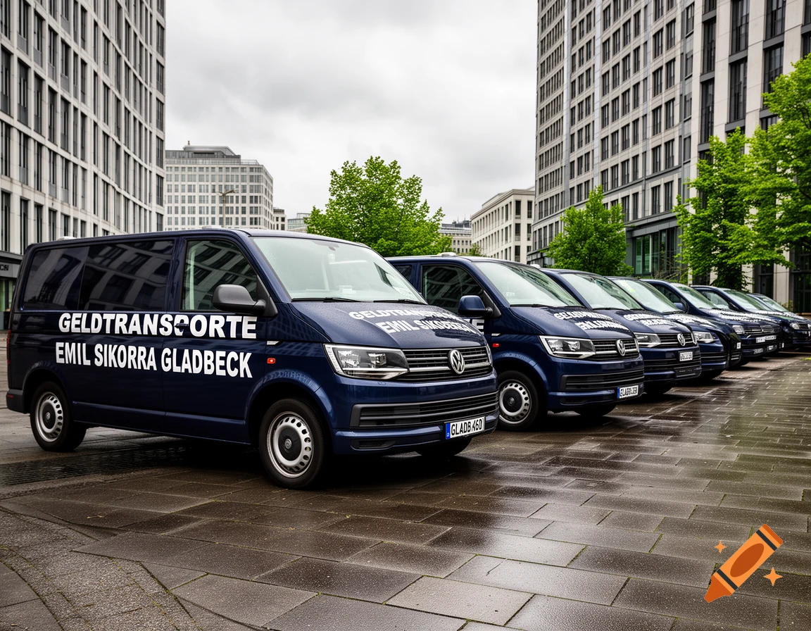 A row of dark blue VW Transporter vans with "GELDTRANSPORTE EMIL SIKORRA GLADBECK" text, parked on wet pavement in a city with modern buildings.