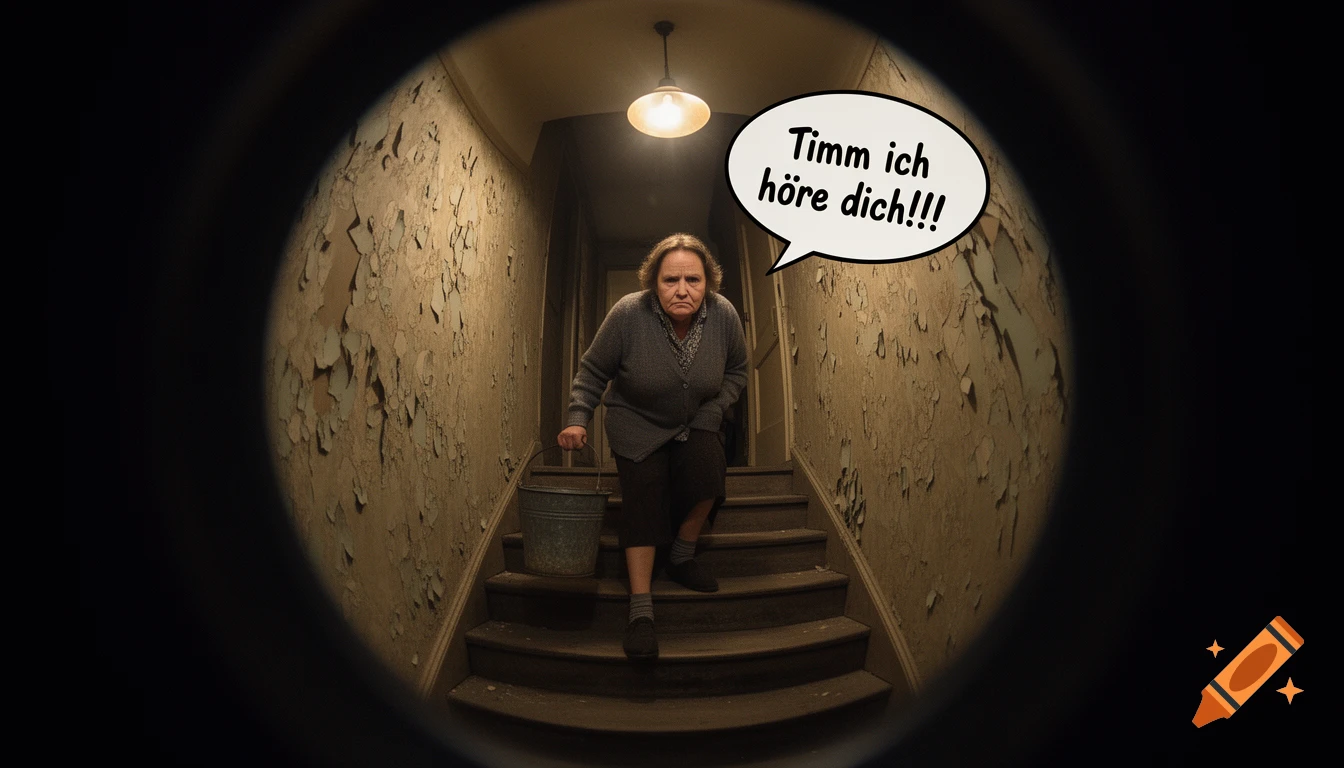 An elderly woman with a bucket ascends a gloomy, peeling staircase, viewed through a peephole. A speech bubble says 'Timm, I hear you!!!'.