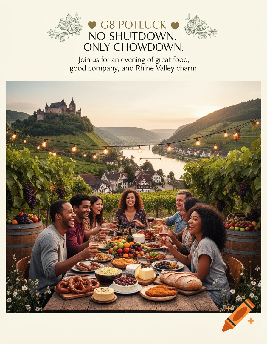 Friends at a potluck dinner in a Rhine Valley vineyard with a castle, river, and villages in the background, under string lights.