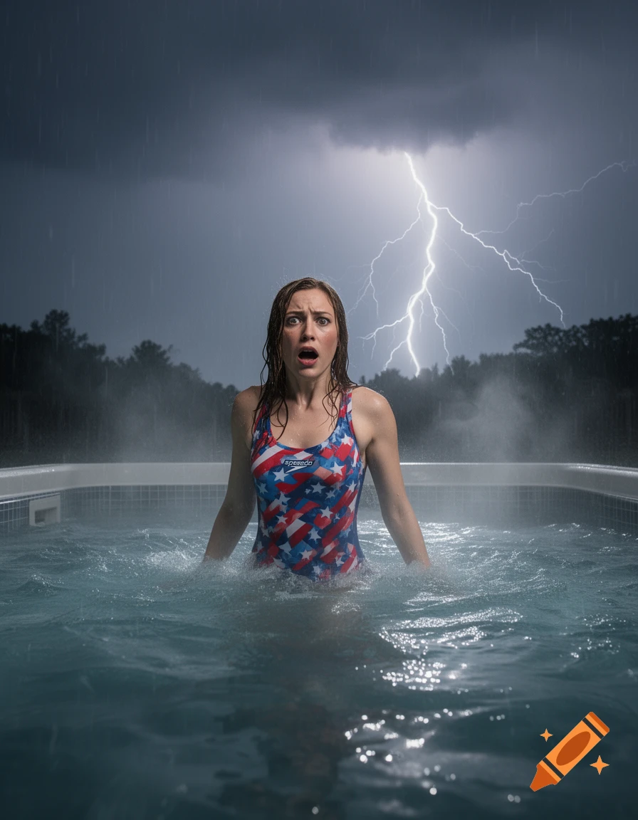 Terrified woman in a Speedo swimsuit in a hot tub during a lightning storm, photorealistic.