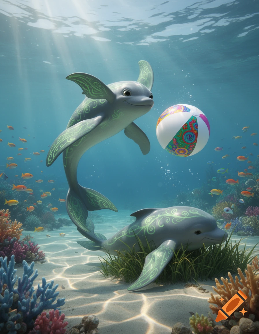 Two stylized gray dolphins with green patterns play with a colorful beach ball underwater, surrounded by coral and fish.